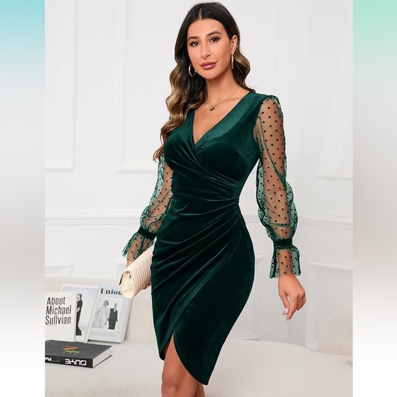 iHOT Dresses & Skirts - Chic Velvet Midi Dress with Sheer Sleeves